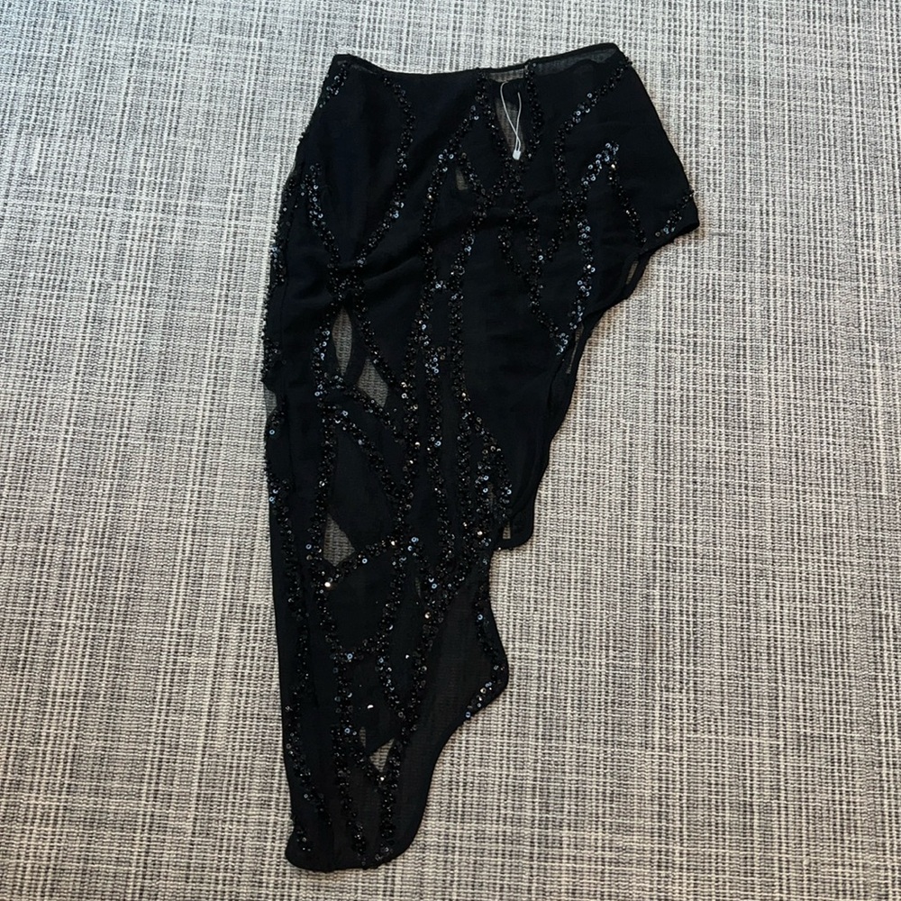 NBD Asymmetrical Sheer Embellish Mini Midi Black Skirt Size S